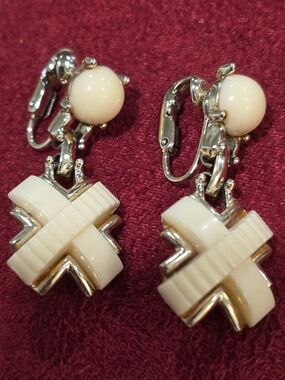 Kramer Cream Cross Drop Clip-On Earrings with Gold Accents